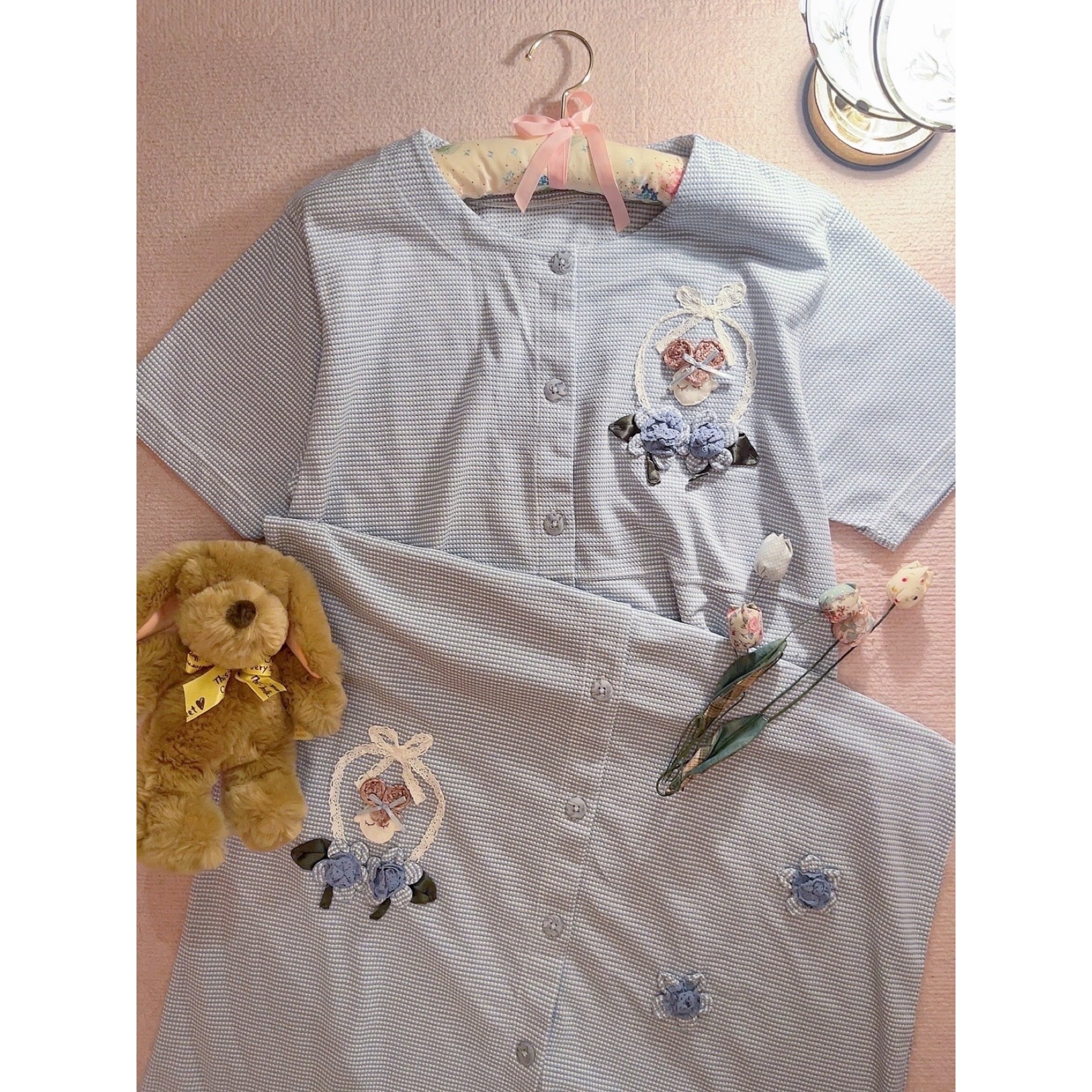 doll applique light blue one-piece