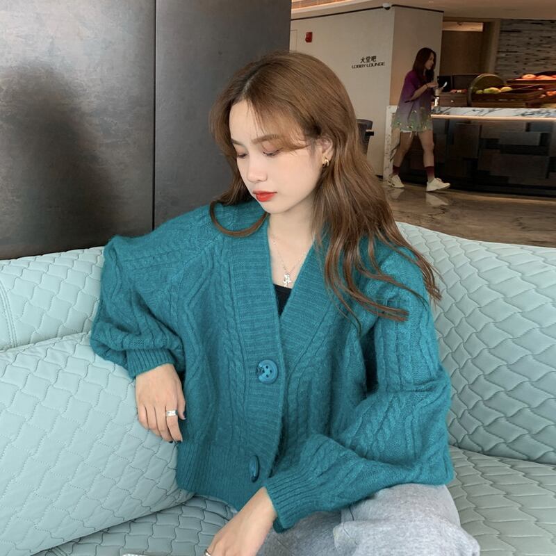 ルーズスタイルショートVネックカーディガンセーター ジャケット スプリングオータムトップス 春物 秋物 試着室14399915432