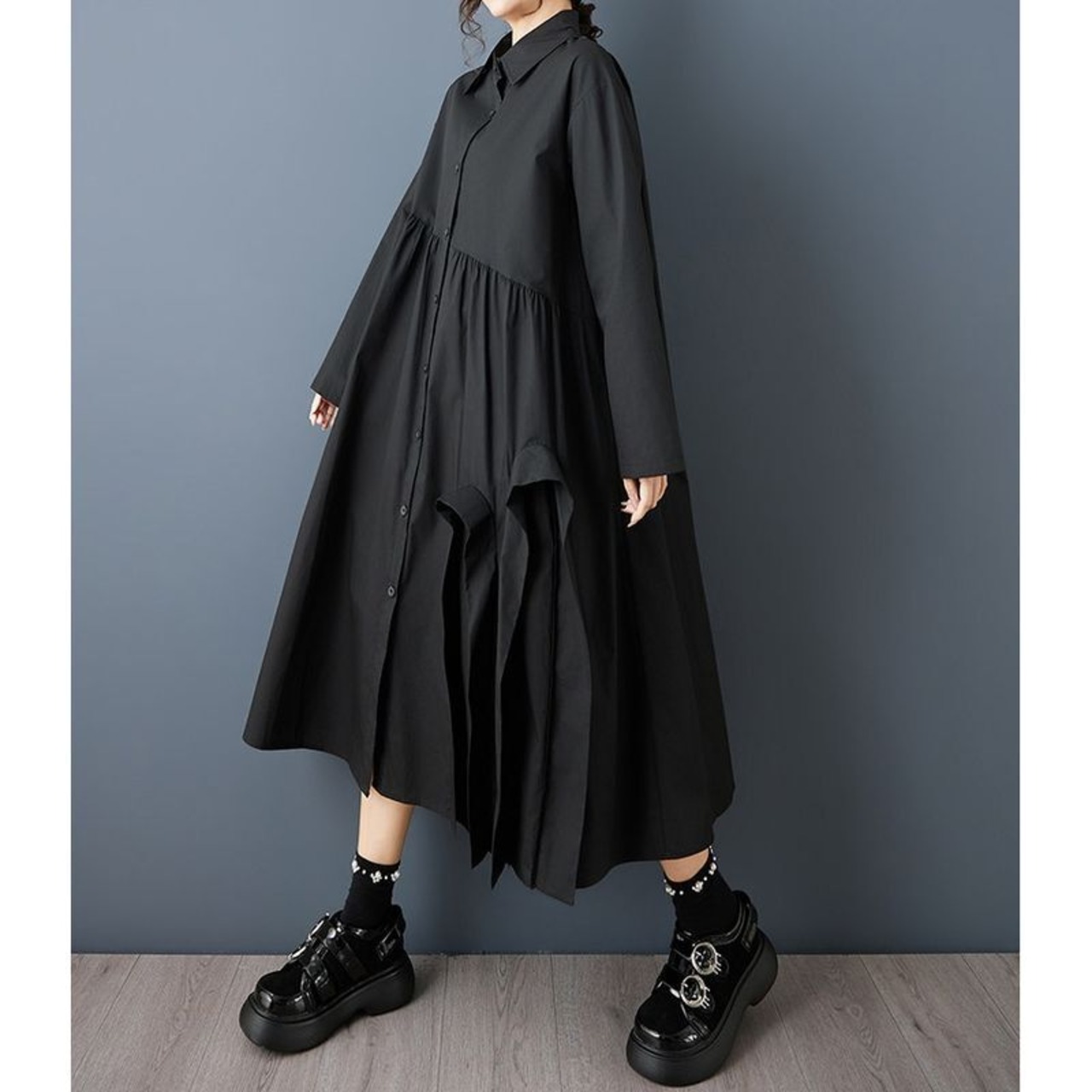 ギャザー入り シャツワンピース 60002
