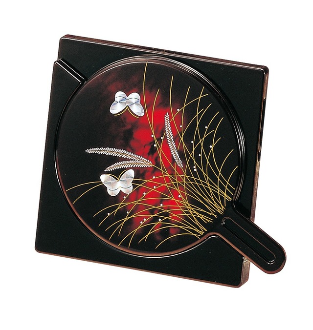 36-0803 合せ鏡 黒 舞扇  Two Mirrors Set w Fan and Flower Motif