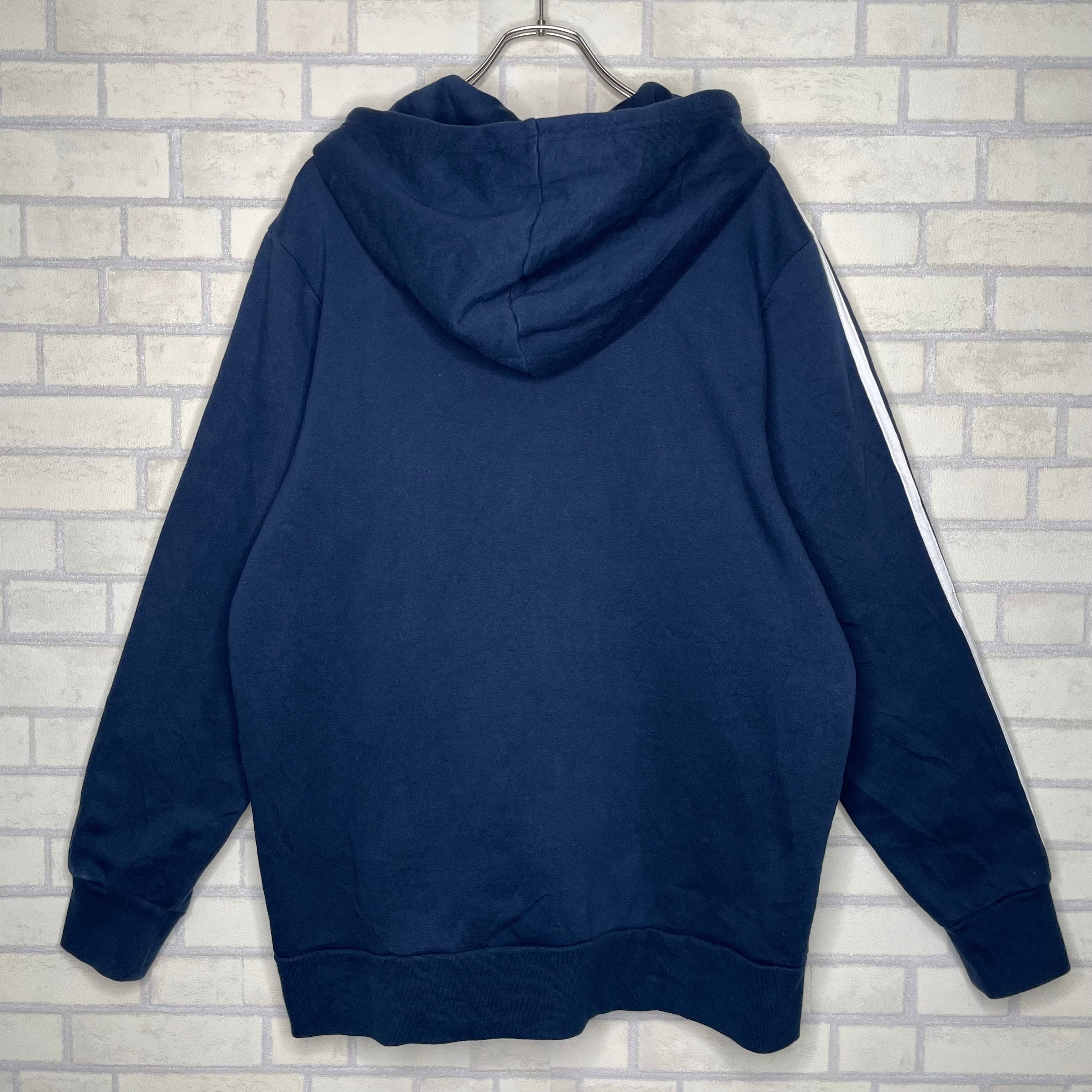 adidas フルジップパーカー XL ネイビー 袖ライン入り 刺繍入り フード 