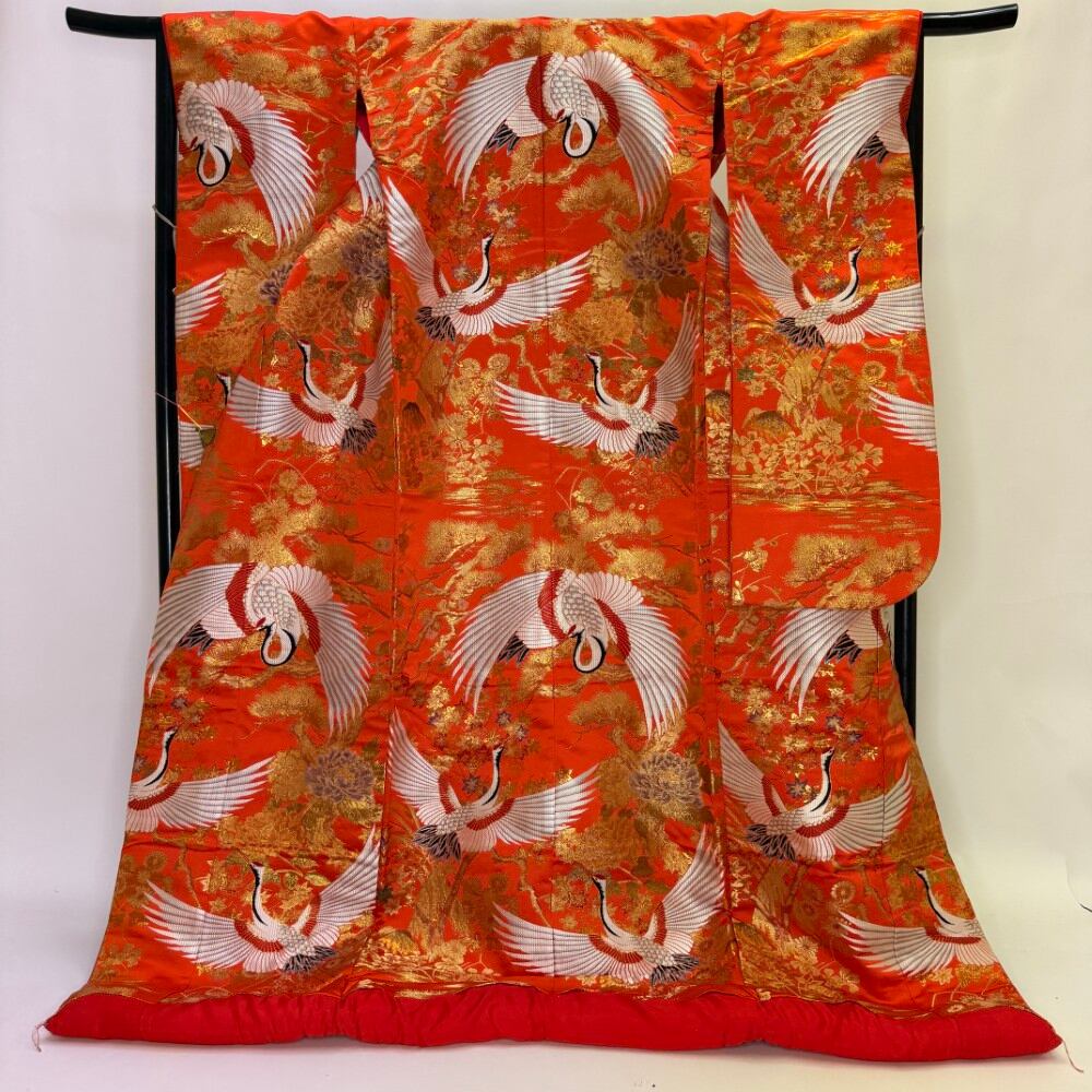 色打掛 正絹 鶴 刺繍 オレンジ 打掛 花嫁衣裳 ポリエステル リサイクル 中古 ブライダル ウエディング 着物 6073
