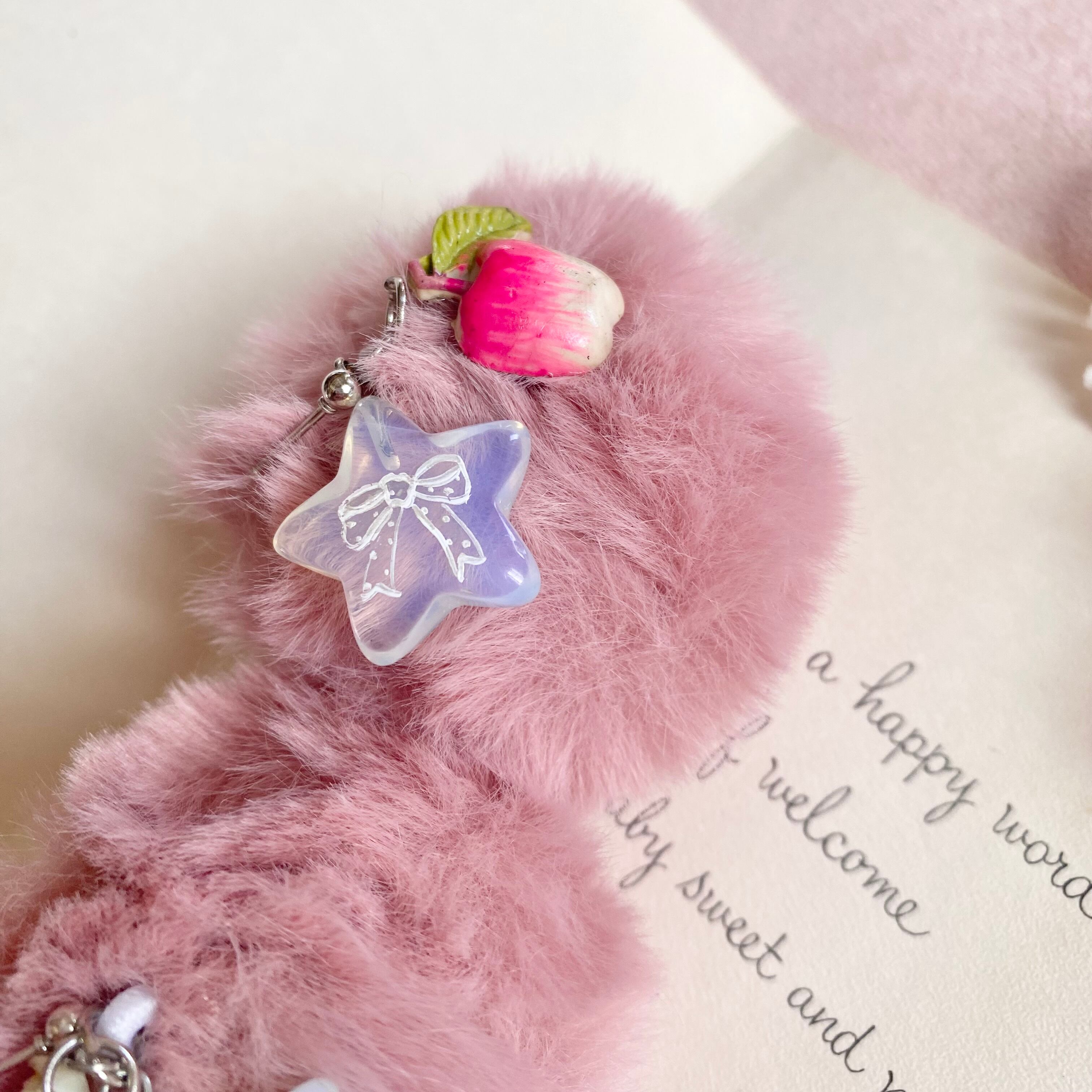 ぽんぽんフルーツ x 星ピアス耳(PINK)Pon Pon hand painted earrings