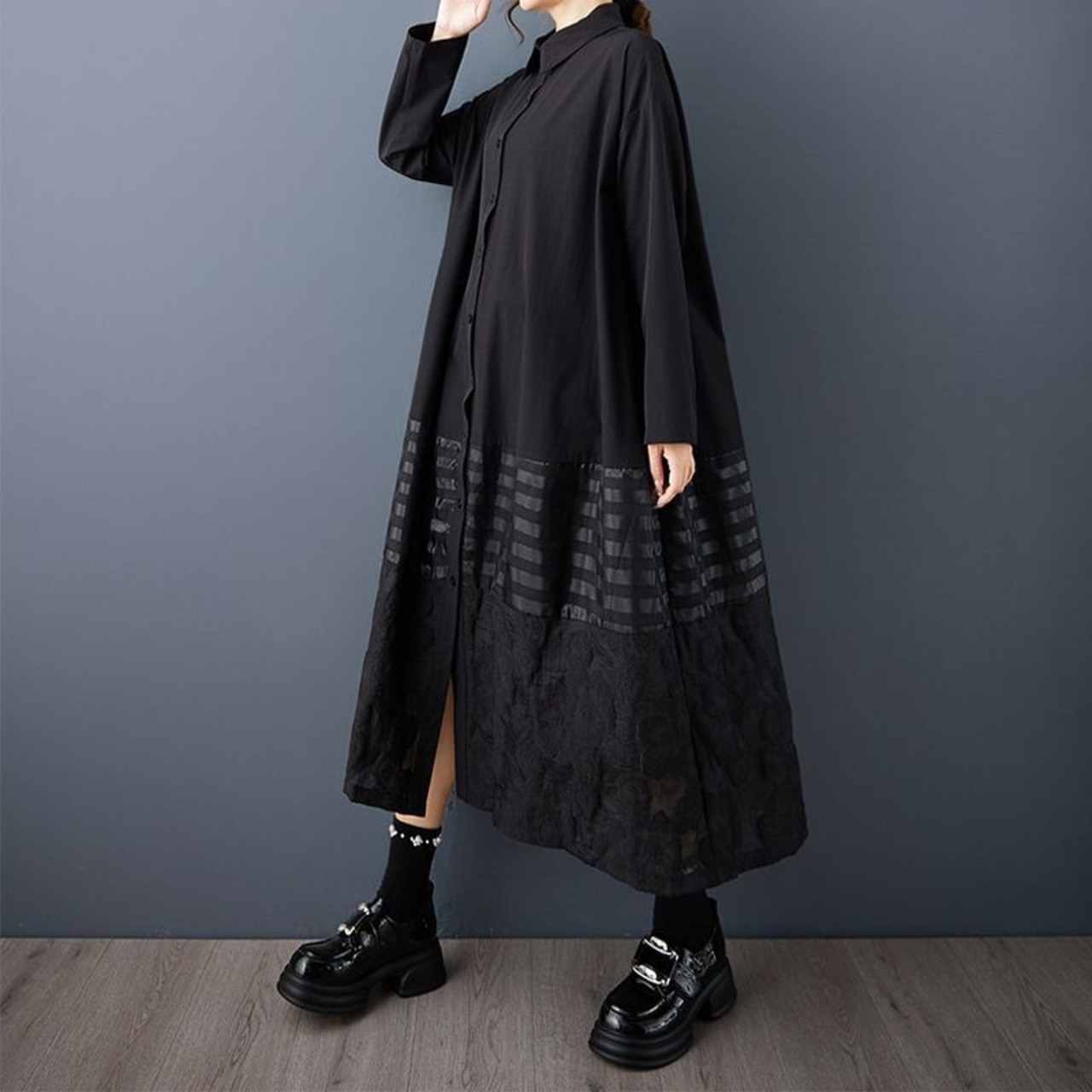 ストライプ切替 ロング シャツワンピース  00106
