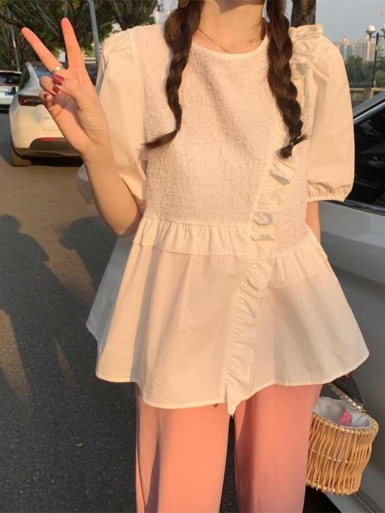 華奢見えが叶うパフ袖♡ 大人可愛いフリルギャザーブラウス 半袖 体型