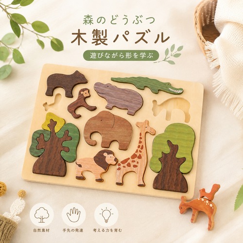 木製パズル 動物 型はめ 森のどうぶつ 知育おもちゃ 木製玩具 手先遊び はめ込み パズル 子供 形合わせ 指先トレーニング おうち遊び 男の子 女の子 誕生日 プレゼント ギフト