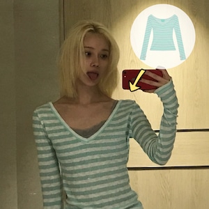 ★aespa ウィンター 着用!【THIS IS FINE】Slim V-neck Stripe Tee - Mint