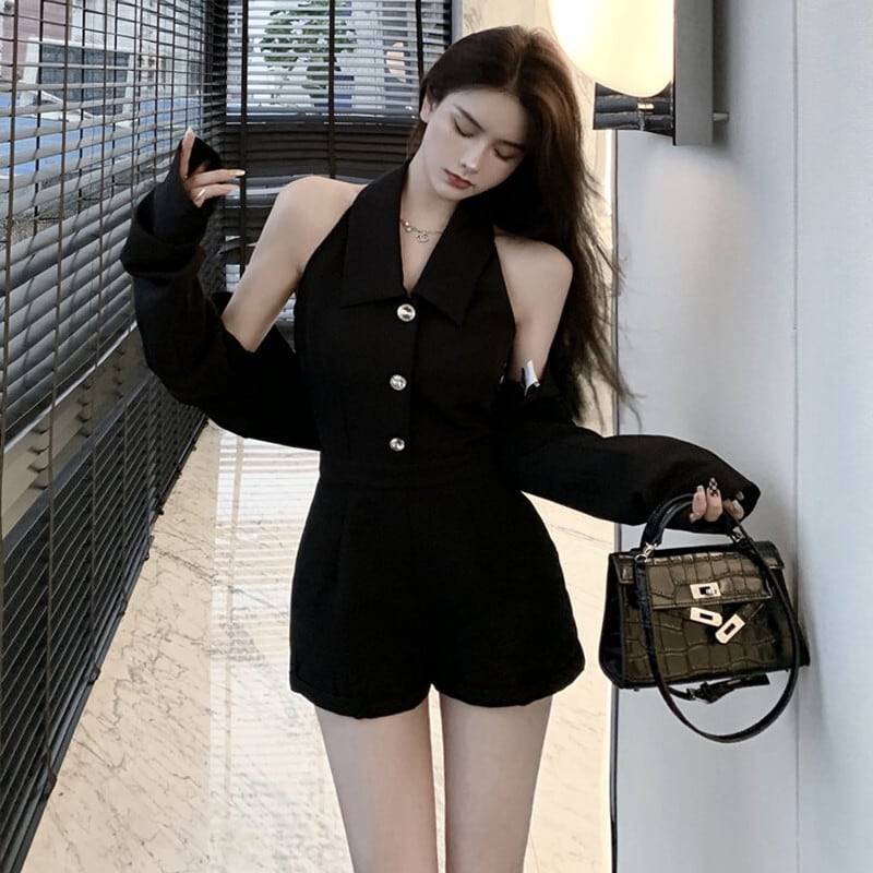 ショートブラウス ハイウェストウェストスリムホルタージャンプスーツ オールインワン オータム ストリート 大人ガーリー スウィート キュート カジュアル 秋物 ガールズファッション74744988661