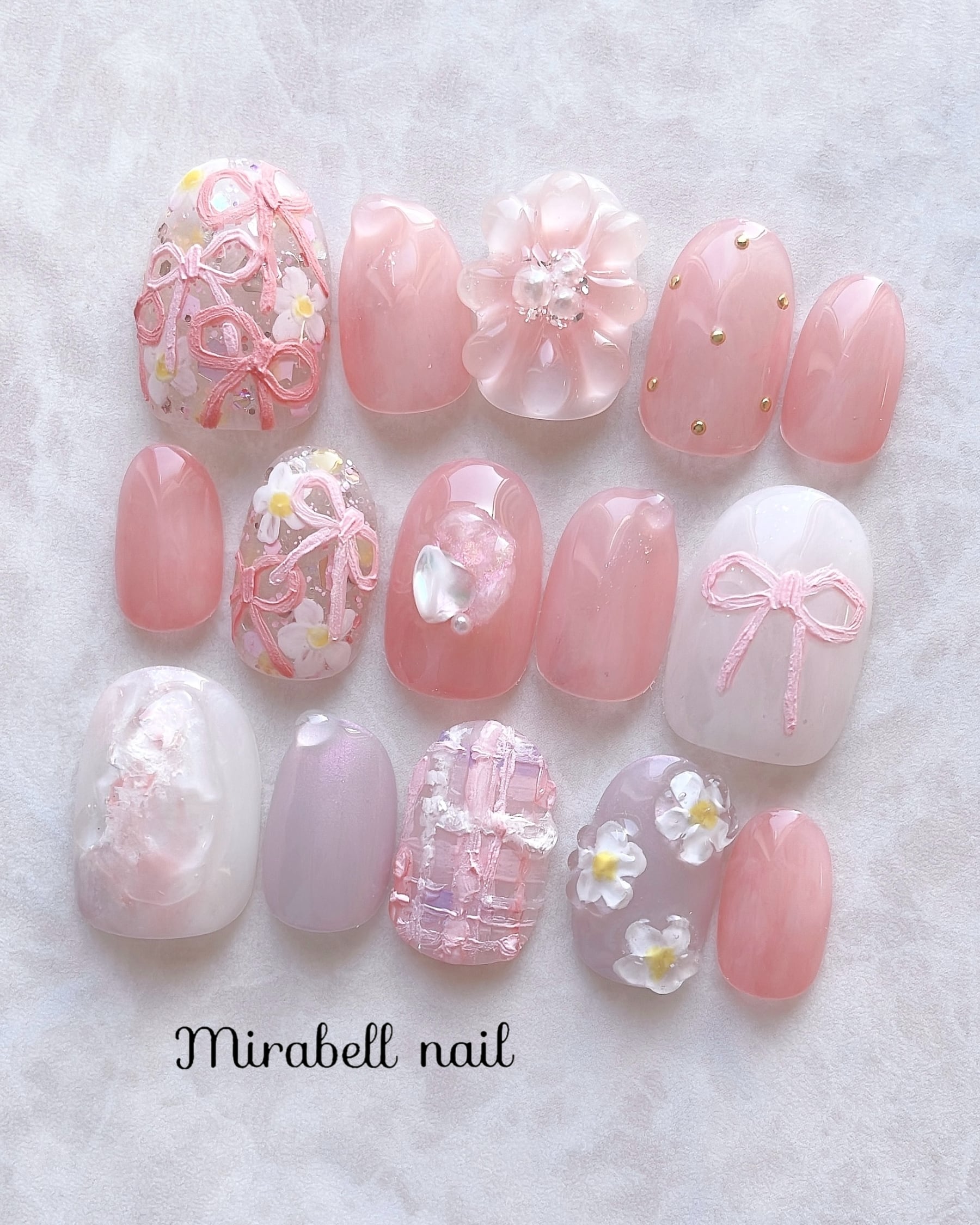 【完成品 即日発送】ピンク リボン ぷっくり 質感 ニュアンス 15枚 ネイルチップ セット #ncs019