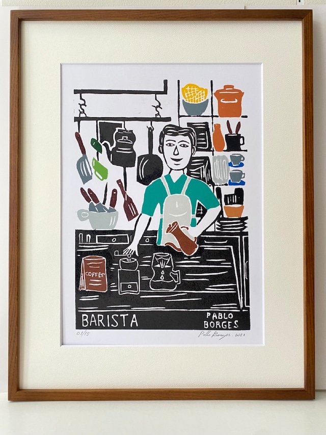 ディモンシュ先行販売 PABLO BORGE パブロ・ボルジェス 木版画 M【Barista】マット 額装付