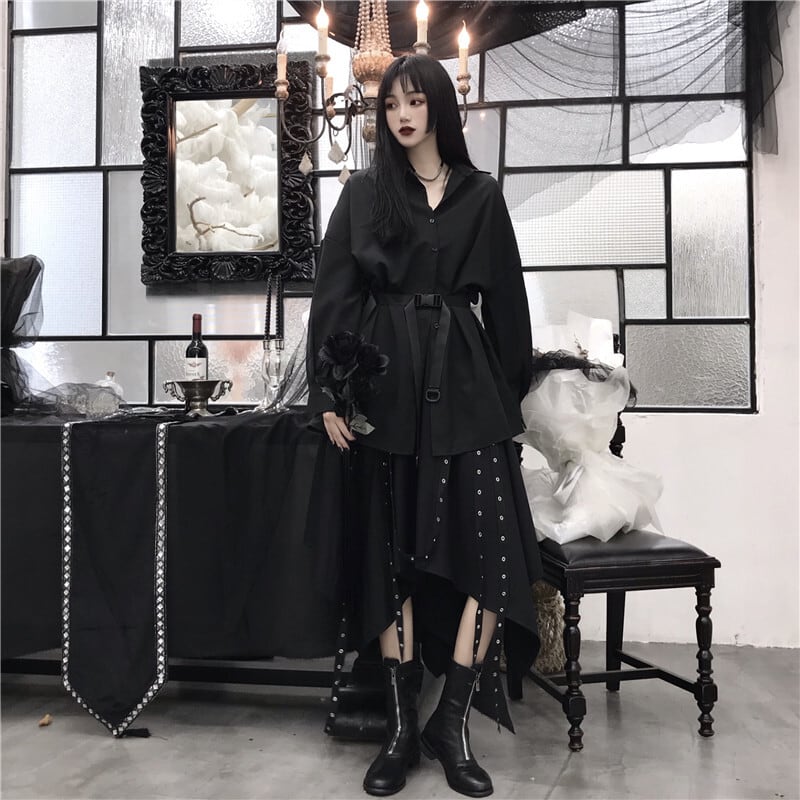 【即納】 大人ゴシック ベルト&ハトメ装飾 アシンメトリー ミディ丈 ロングスカート