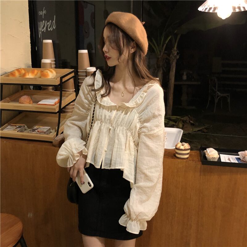 シフォンブラウス2020年春新作スウィート気質Vネックレースフェアリーショートドールシャツ長袖トップス 1号婦人39410889617