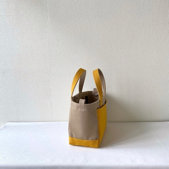 「軽いボックストート」ミニサイズ「ベージュ✕マスタード」／倉敷帆布、旧倉敷帆布 8号帆布【受注制作】