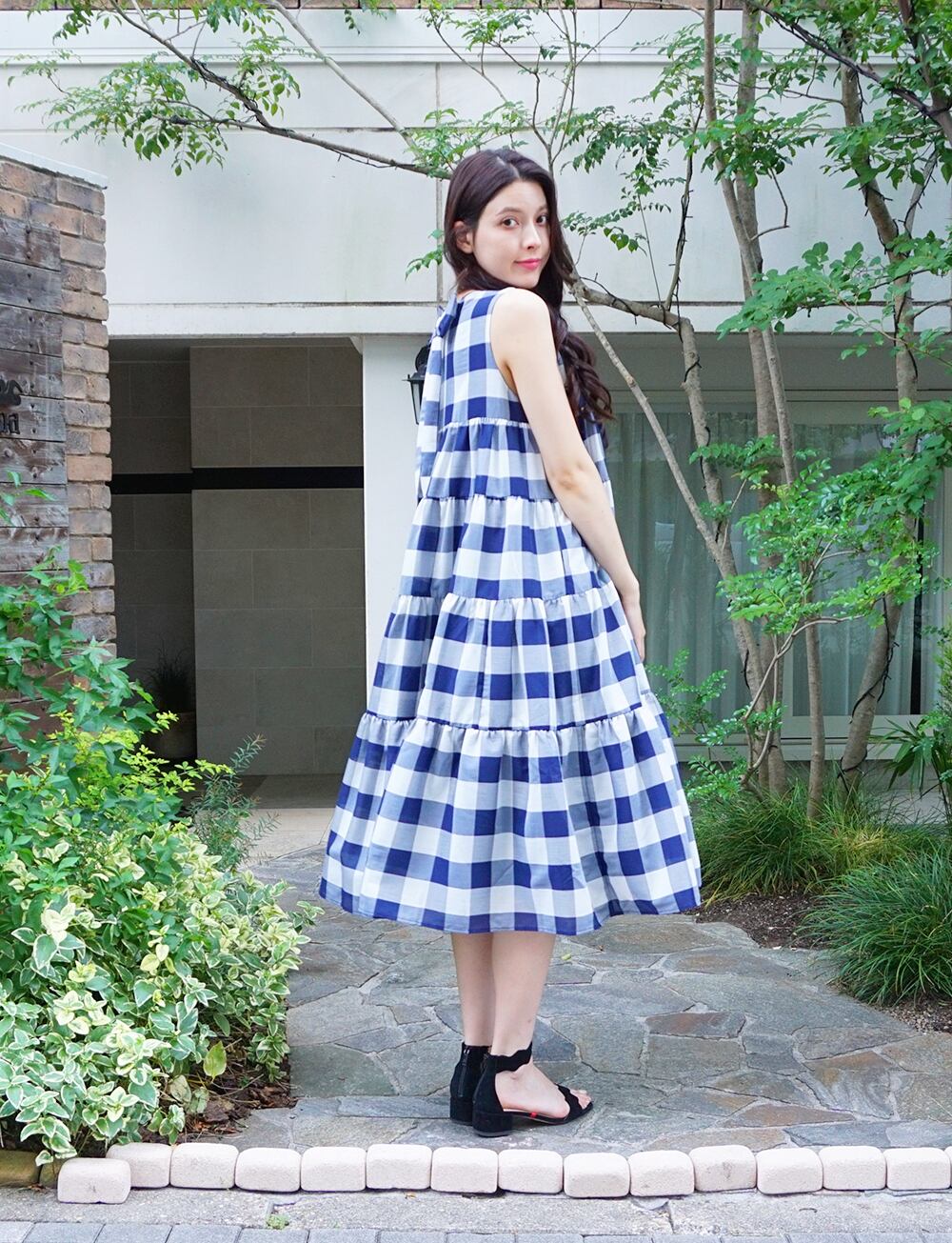 バックリボンティアードワンピース チェック navy | amin pur