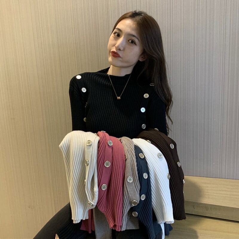オータムウィンターボタンニットセーター シャツ ブラウス ロング 秋物 冬物 YY-ファッション21344117023