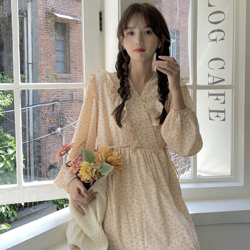 フローラルドレス スプリングオータムスカート 大人ガーリー スウィート キュート カジュアル 春物 秋物 花柄 萌量不足82562219032