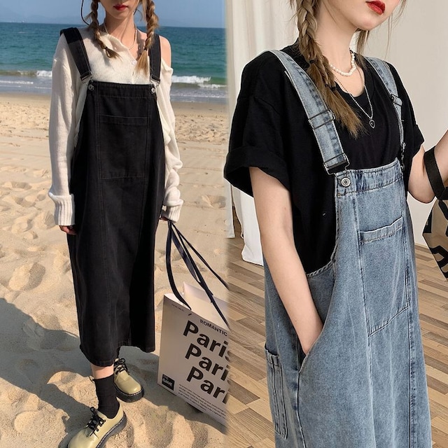 デニム サロペットスカート ジャンパースカート ジャンスカ ワンピース 韓国ファッション レディース カジュアル ガーリー / Loose denim strap dress (DTC-641660227043)