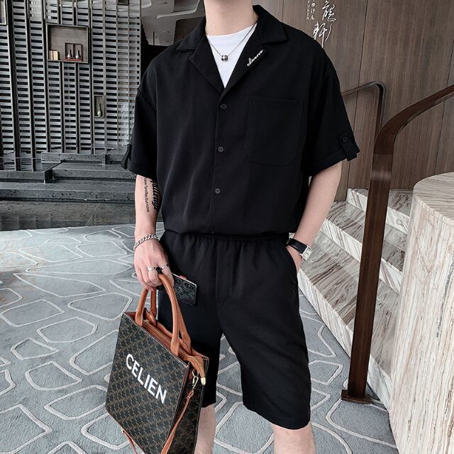 【予約販売】メンズ セットアップ 上下 ハーフパンツ 半袖シャツ 無地 襟刺繍 シンプル ブラック ホワイト カジュアル 春夏 M/L/XL
