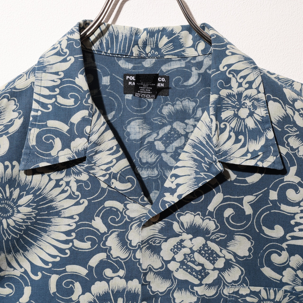 美品 L Polo Jeans コットンリネン ブルー 花柄 総柄 半袖シャツ