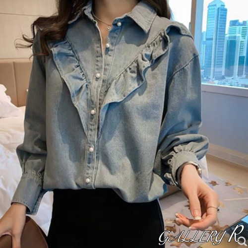 デニム　シャツ　フリルシャツ　ブラウス