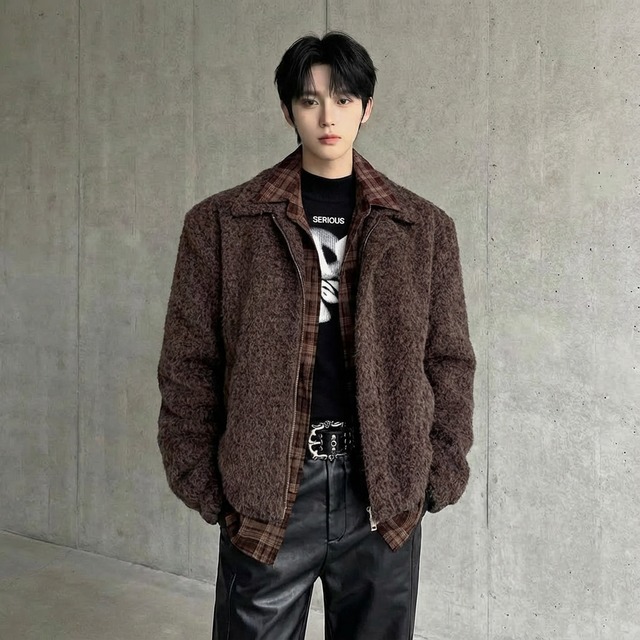 シャツレイヤード風 ブークレ調ショートブルゾン 2カラー D12135