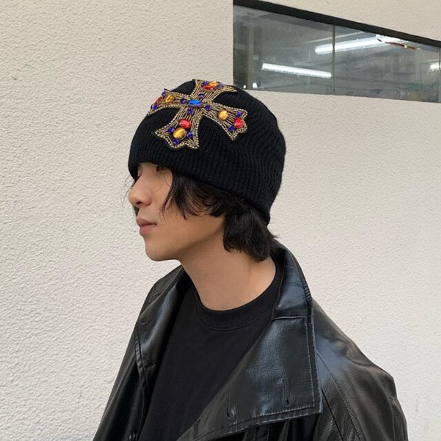 黒のニット帽 クロス刺繍付き ニット帽 ビーニー クロス ニットCH柄刺繍 ブラック Y2K 男女兼用