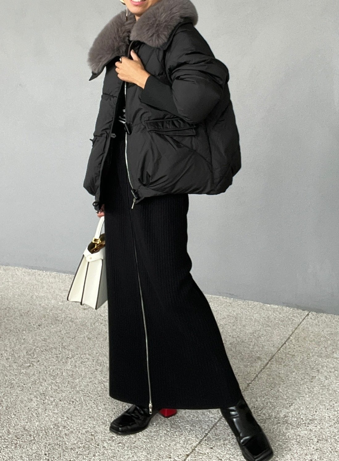 Black) B.MARIA Eco-Fur Collar Pear Silhouette Jacket | MARIA