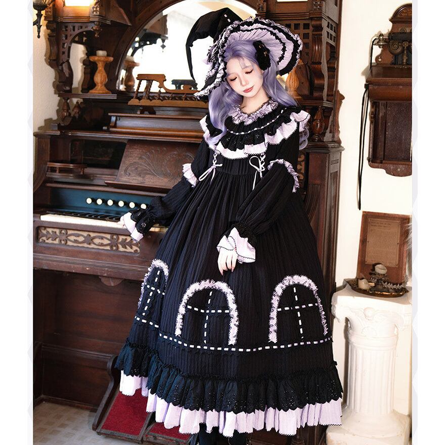 予約商品 納期45日】ゴスロリ 魔女ドレス ヘッドドレス 三角帽付き 6点