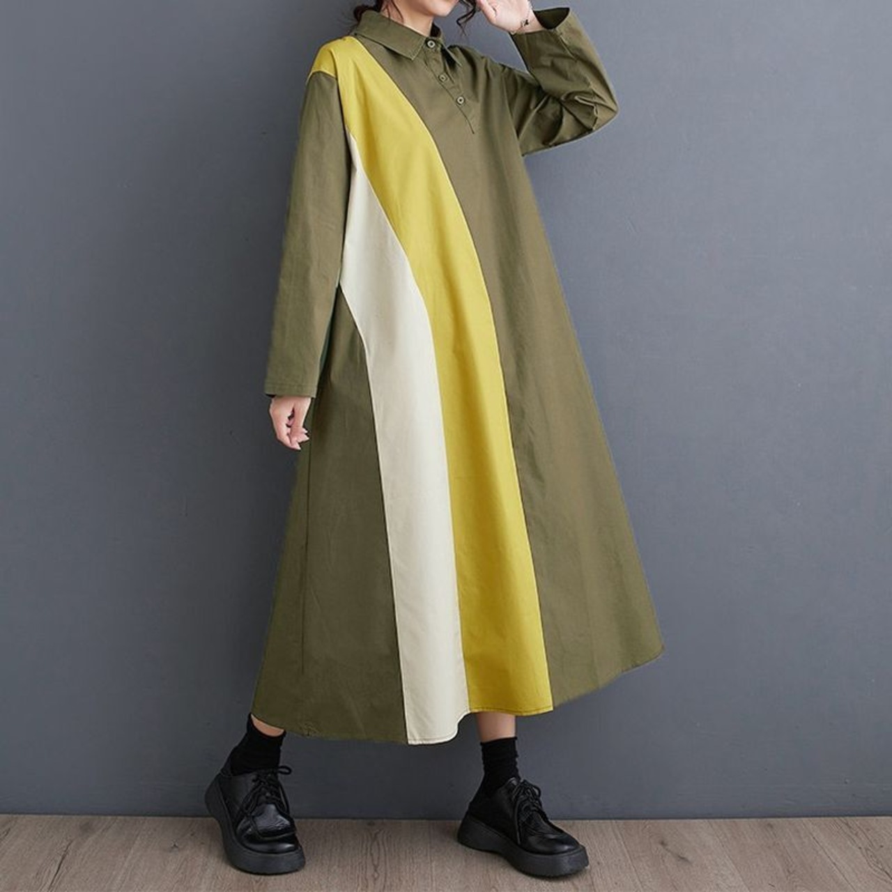 カラーブロック 切替 シャツワンピース  00055
