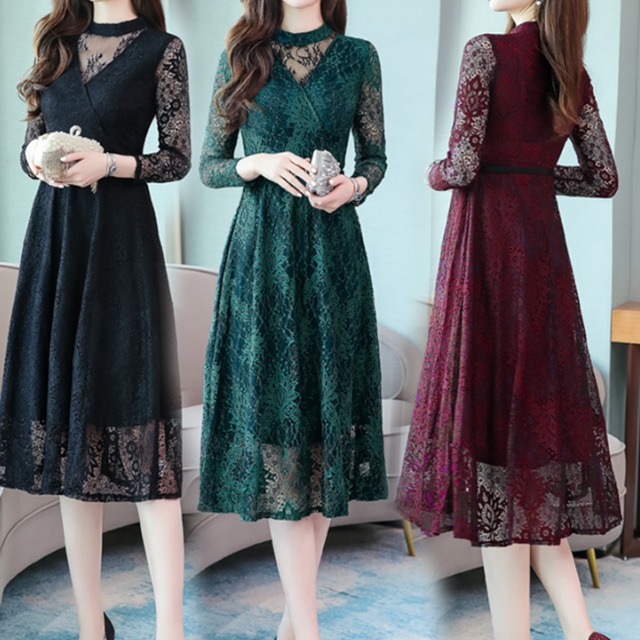 3色 ワンピース 長袖 春 秋 きれいめ Aライン ワンピドレス フレアスカート 膝下 ミモレ丈 ミディアム丈 Vネック Uネック ラウンドネック 襟なし フレア スリム タイト 裾ワイド レース 透け感 シースルー 黒 ブラック 赤 レッド 緑 グリーン 大人カラー M L XL 2XL 3XL 大きいサイズ ジャスト 大人可愛い きれいめ 大人 上品 おしゃれ 花柄 体型カバー 脚長 プレゼント ギフト パーティー 結婚式 二次会 披露宴 レディース 女性用 ママ OL 20代 30代