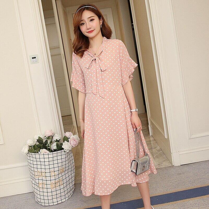 【新作】【送料無料】 マタニティ服夏ドットボウノットデコレーションシフォン半袖ミッドロングルーズスタイリッシュドレス妊婦ママドレス ショート リボン ハーフスリーブ サマー 夏物 AL expec352273818264