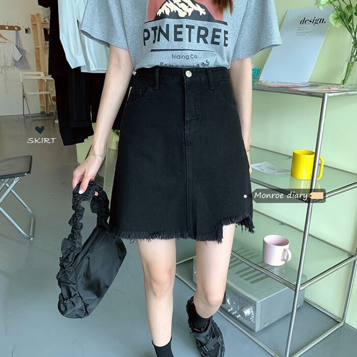 スカート スプリングハイウェストウェストブラックショートAライン 春物 モンロー32951066274