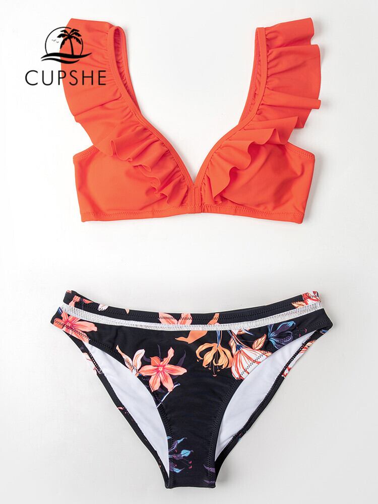 送料無料 CUPSHEオレンジフリルビキニセットフローラルボトムセクシー