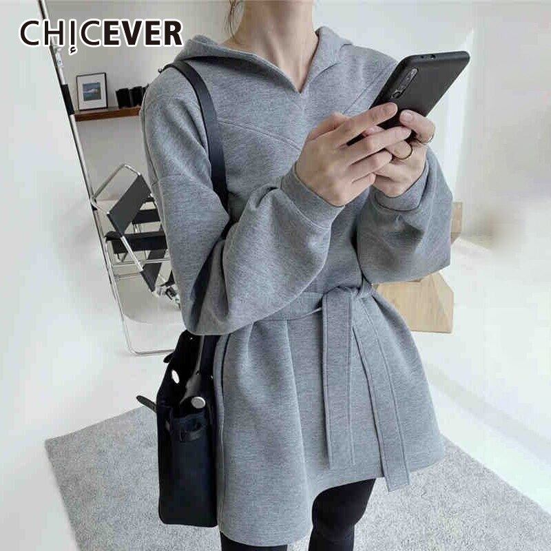 CHICEVERドレス女性フード付き襟長袖パッチワークレースアップウエスト特大ドレス2020服 ロング 6base538851252592