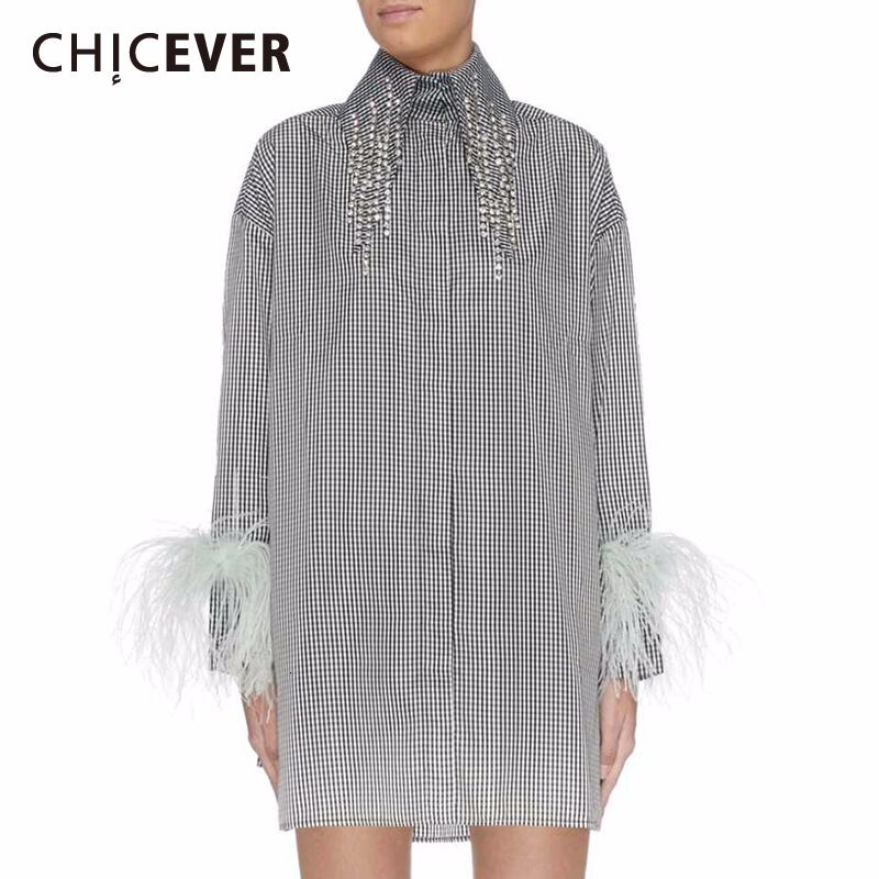 CHICEVERストライプフェザーレディースドレスラペルカラー長袖ルースダイヤモンドミニドレス2020サマータイド ロング 夏物 6base531617293263