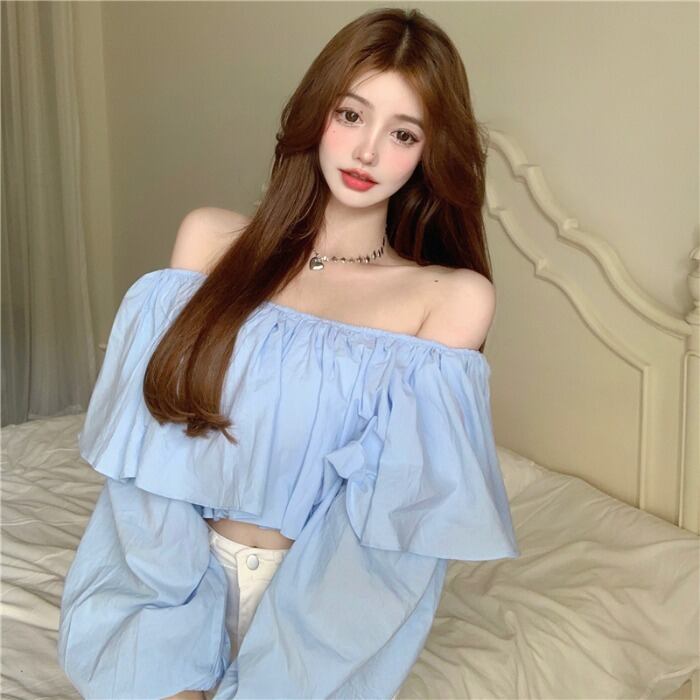 スプリングサマーラッフルショートトップス 長袖スリーブシャツ レディース ロング 大人ガーリー スウィート キュート カジュアル 春物 夏物 ドラファッションホール66209043477