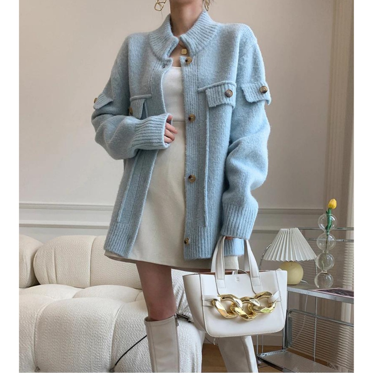 フロントボタン ハイネック パステル ブルー ニット カーディガン