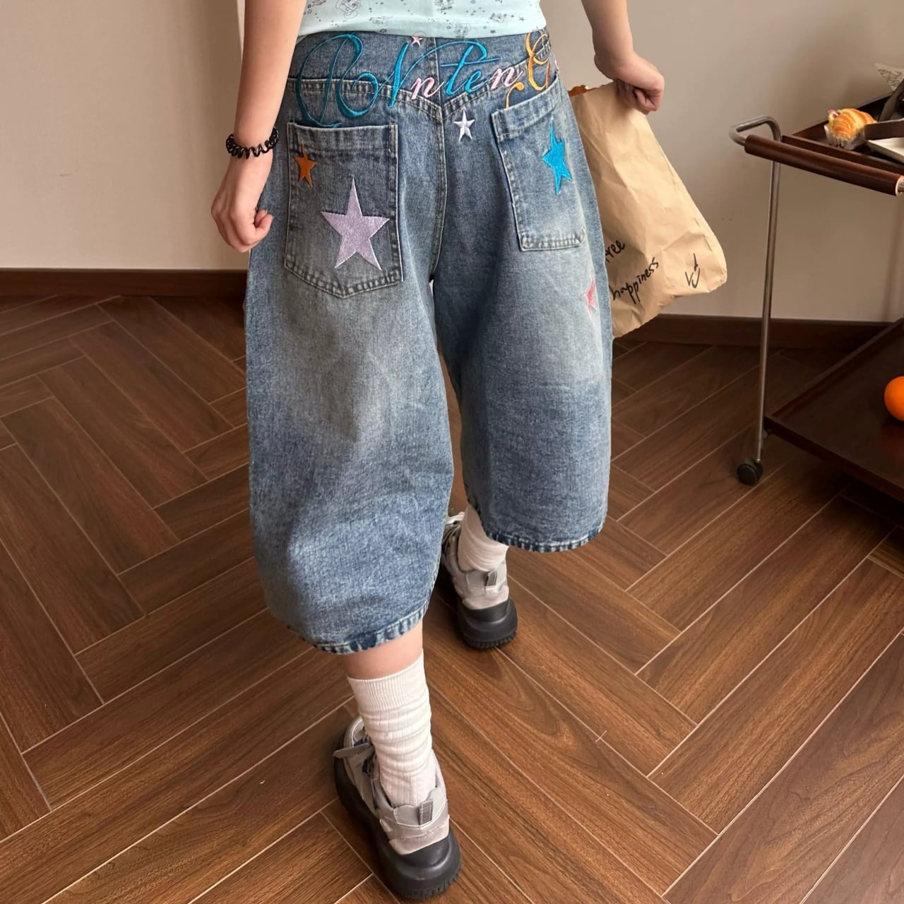 バックロゴスターモチーフデニムキュロットパンツ 1col R02526