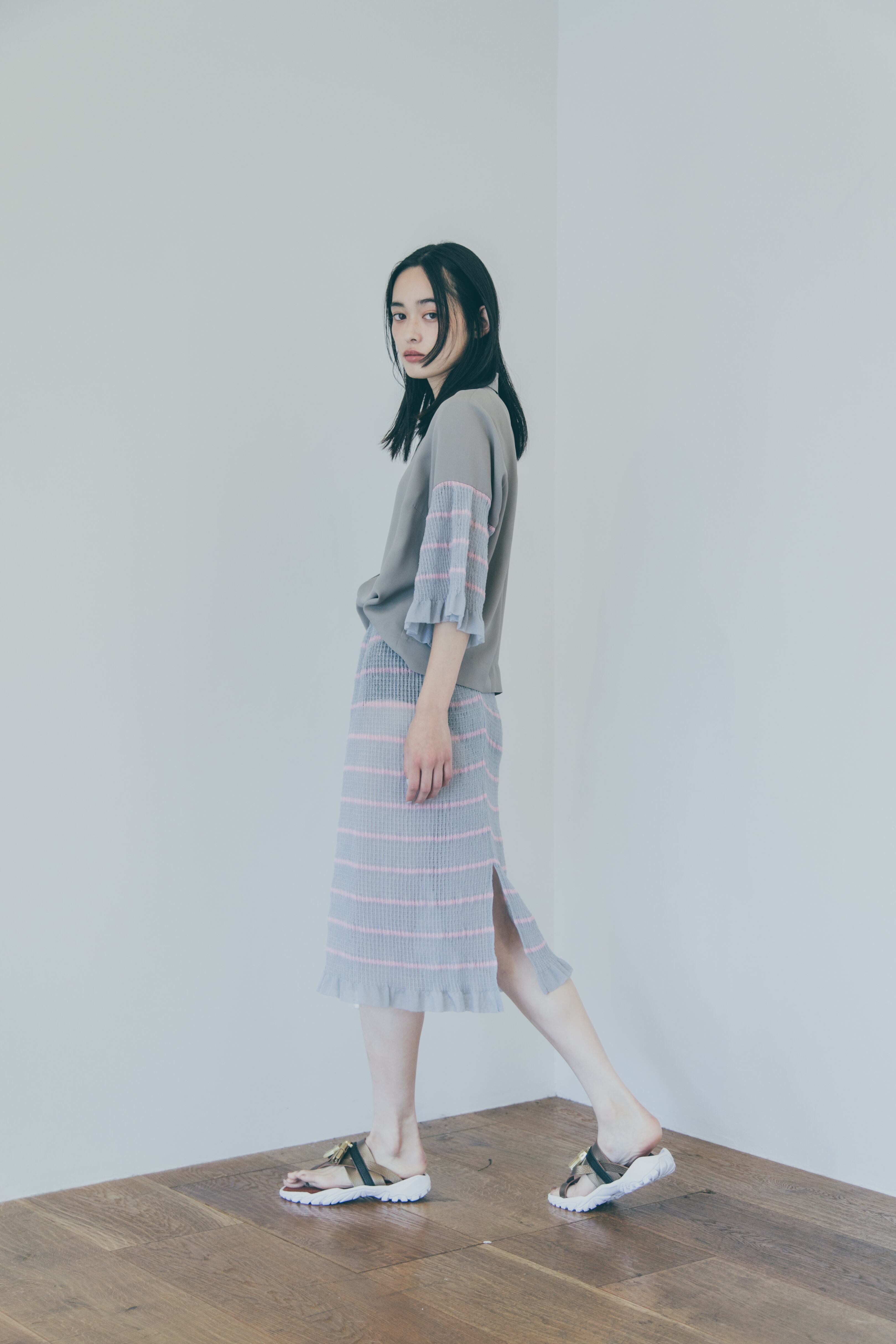 受注 全額支払い】YUKI SHIMANE Shirring Border-Knit Skirt- BLUE 