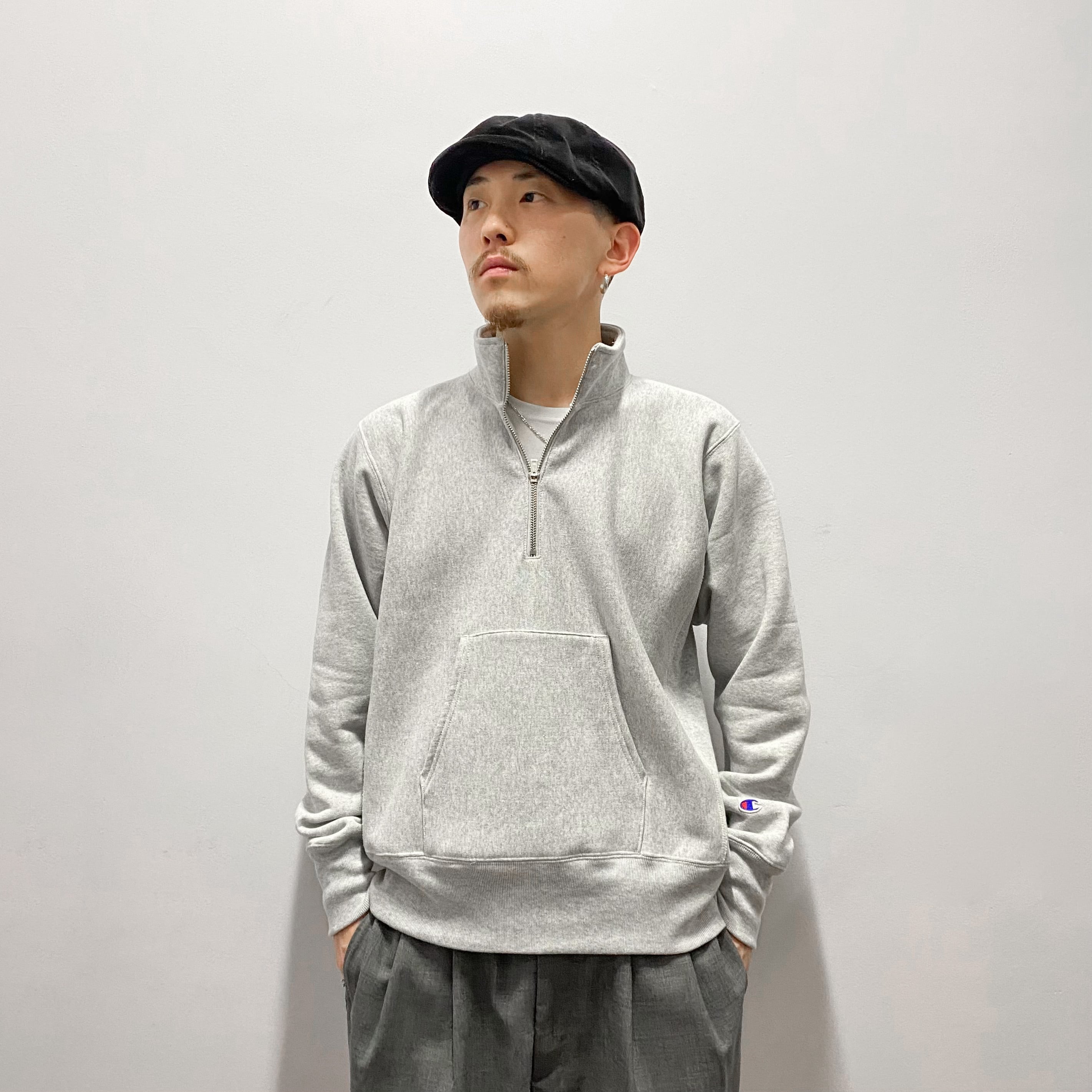 Champion Reverse Weave Half Zip Sweat Shirt - シルバーグレー ダークネイビー L XL（チャンピオン  リバースウィーブ ハーフジップ スウェットシャツ）