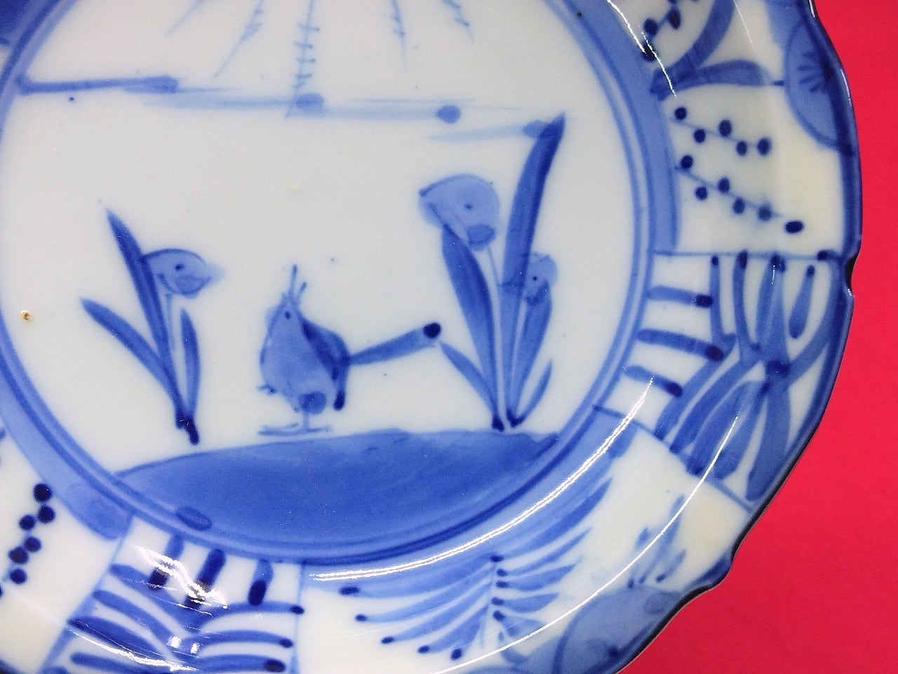 時代もの (大正-昭和(1920年代)頃) 手描 花鳥染付 芙蓉手 小皿/ 豆皿 1