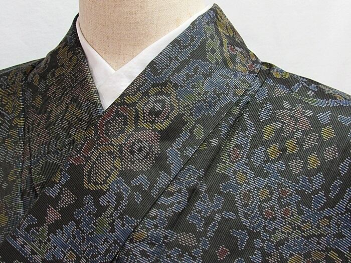 《大島 横双》袷着物/唐花/142cm前後の方/深グリーン☆状態は大変良いおきものです