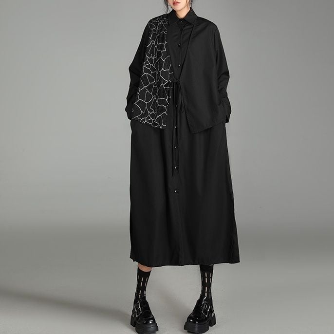 FAKE-2-PIECE DESIGN BLACK MIDI SHIRT DRESS 1color M-14569