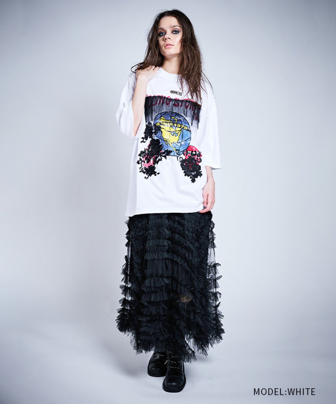 フリル&レースパッチTシャツ (WHITE)　CQ-47004