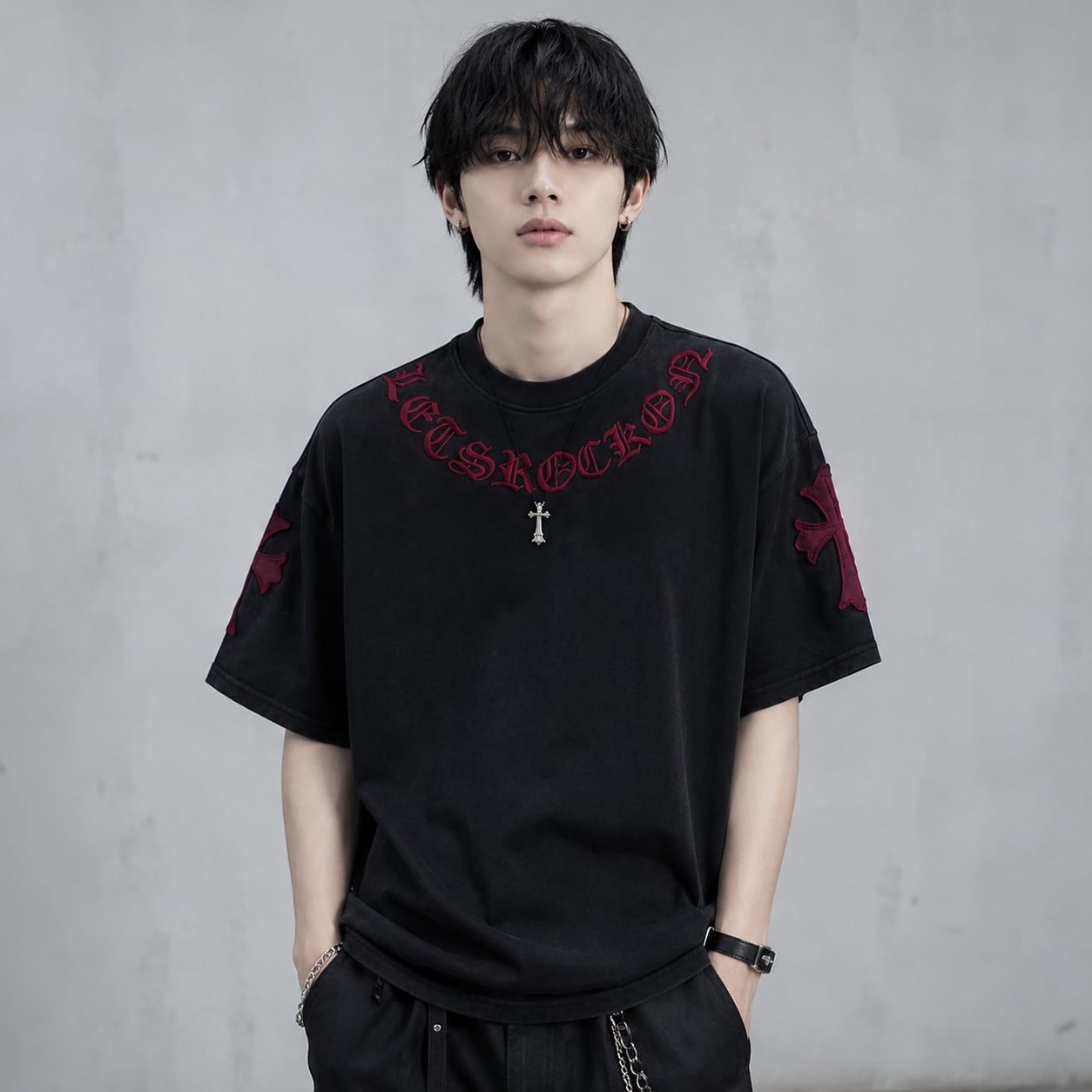 Sanskrit embroidered short-sleeved T-shirt 0003