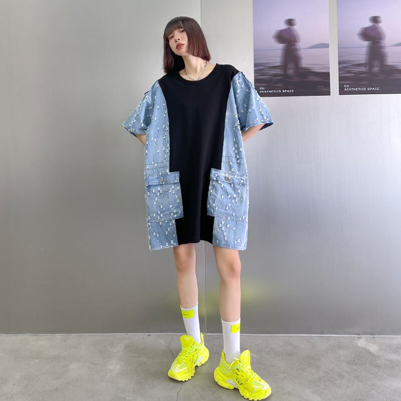 ドレス レディースサマー薄手ラウンドネックルーズスカート 夏物 Oネック ステッチ ラブタオタオダレンハウス72565380748