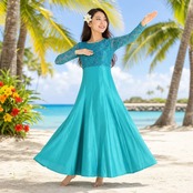 フラダンス 衣装 mmj modernistic ワンピース ドレス グリーン系 ブルー系 サテン生地 光沢感 レース 花柄 植物柄 長袖 ハワイアン アロハ フラ ダンス レッスン 練習 ハワイアンダンス さわやか 華やか 鮮やか かわいい おしゃれ 上品 大人っぽい フレアスカート 日本製 ラメ キラキラ 金 ゴールド系