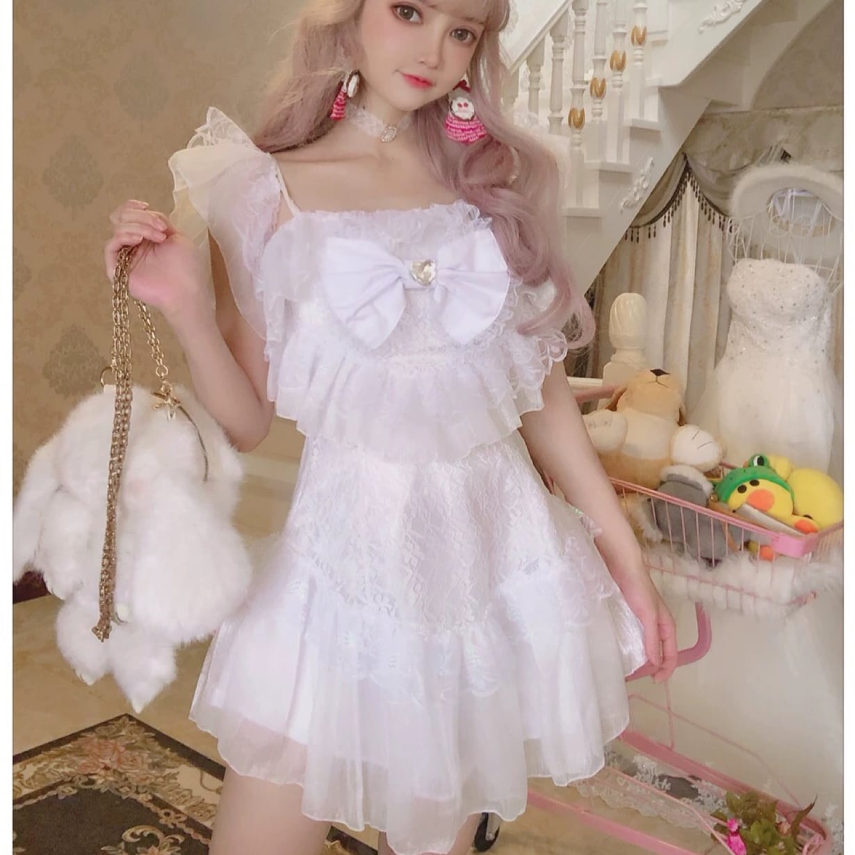 【新品】白×ピンク　チェック　レース  フリフリロリータ　ドレス　ワンピース