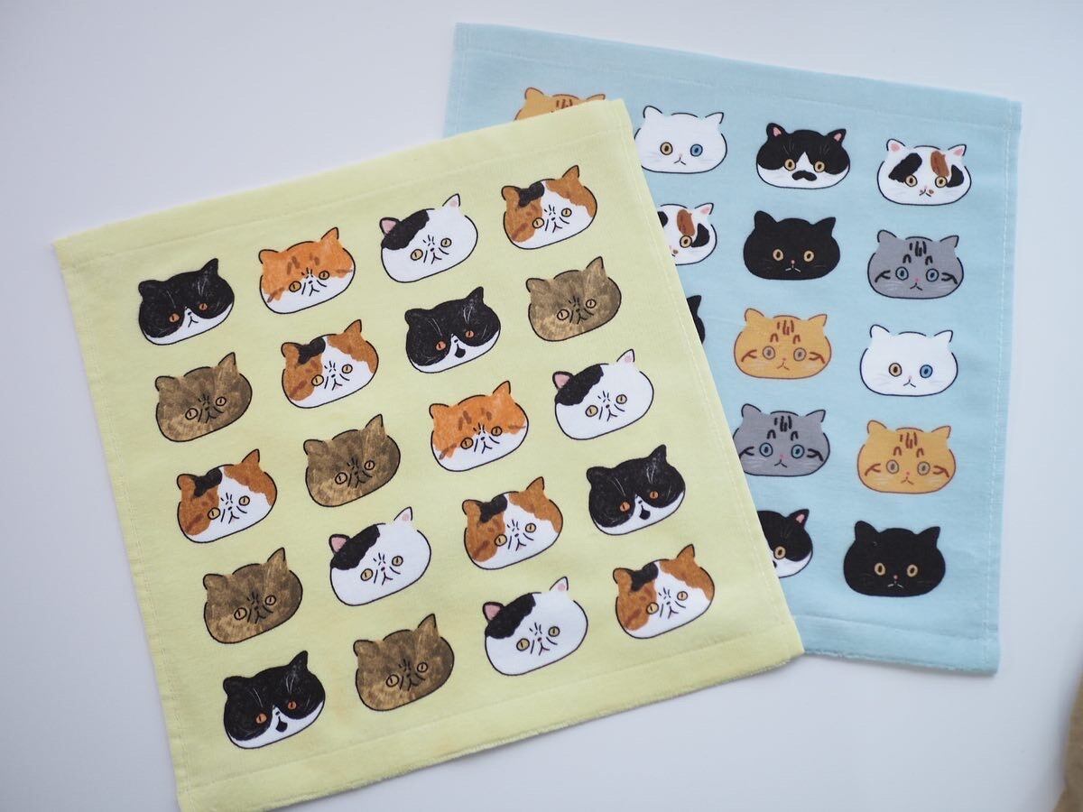 丸顔ねこちゃん タオルハンカチ 水色 ヌイグルミ制作室ビアンカ 丸顔ねこちゃん タオルハンカチ 水色 ヌイグルミ制作室ビアンカ