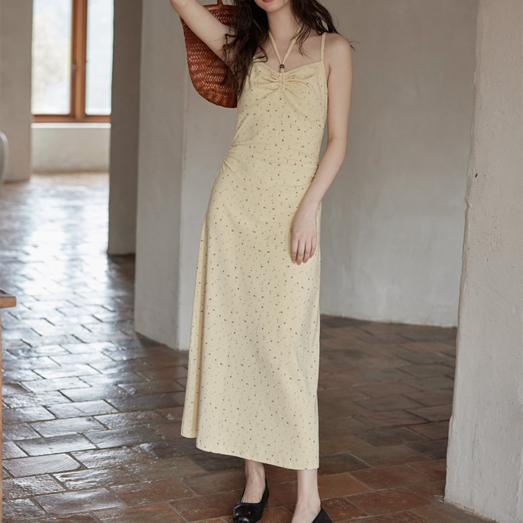 sleeveless suspender yellow floral dress